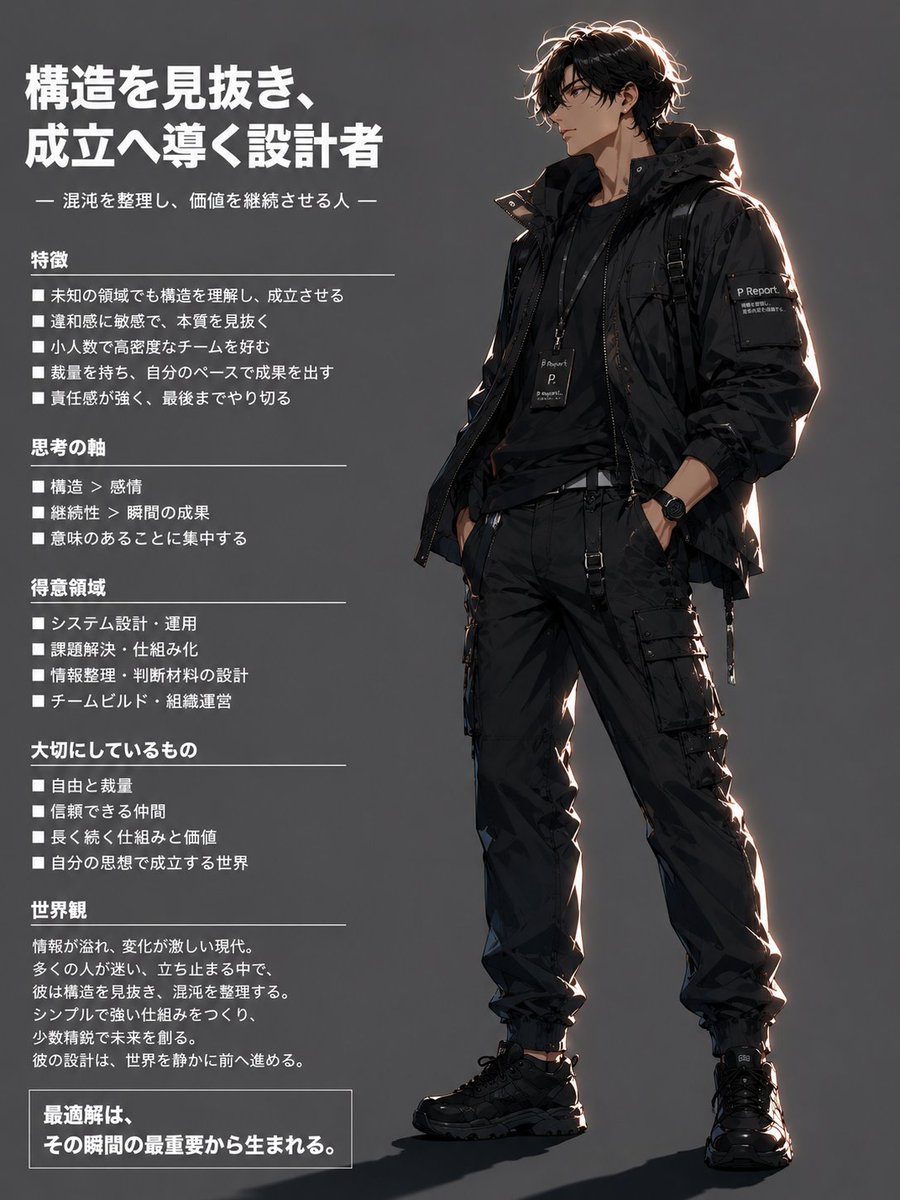 p_report_jp's tweet photo. 面白いプロンプト見つけたのでやってみたら想像以上にかっこ良かったので共有してみます

ChatGPTにこれまでの会話履歴から、どういう人間かを分析してキャラ化してもらいました
最近はP Report.の話ばかりしているので、こうなったんだと思いますｗ

プロンプトは長くて貼れませんので欲しい方はDMで https://t.co/thIzZjqFXA