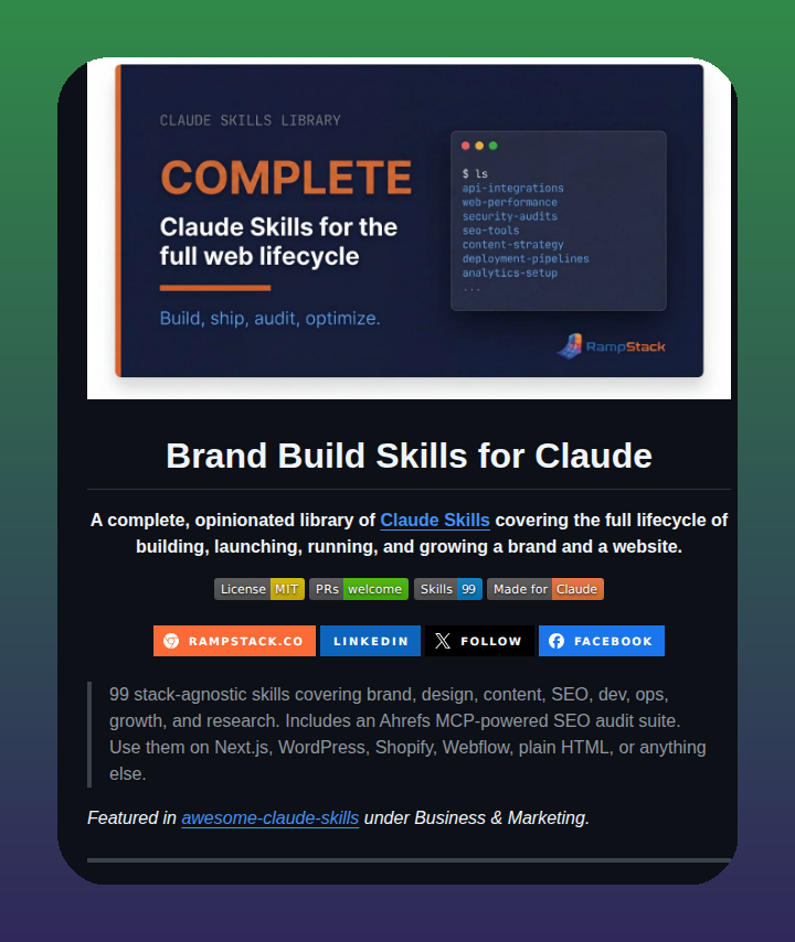 Repository card for Claude Skills showing a packaged library for brand-build and website lifecycle work