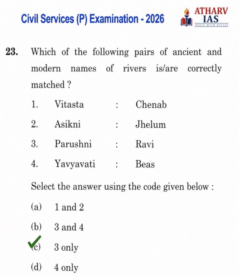 sonuedu's tweet photo. Jhelum River : The Sanskrit name for the river is Vitasta, derived from an apocryphal legend regarding the origin of the river in the Nilamata Purana.

Chenab River was called Asikni (Sanskrit: असिक्नी) in the Rigveda. The name meant that it was seen to have dark-coloured waters.

According to ancient history traced to the Vedas, the Ravi River was known as Irawati (Sanskrit: इरावती).The Ravi was known as Purushni or Irawati to Indians in Vedic times 

Beas River : Rig-veda calls the river VIPAS, which means unfettered,in later Sanskrit texts it's been called Vipāśā विपाशा. 

The identification of Yavyavati with the Zhob River stems from the linguistic and regional clues provided in the Rigvedic river hymns.

#prelims #upsc #gspaper1 #prelims2026 #answerkey