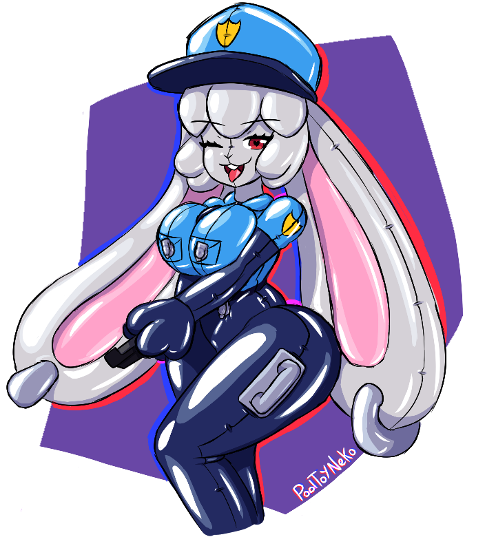 pooltoyneko's tweet photo. Finished my next sketch cօmmіssіοn, this time of @SqueakDeluxe's blowup bunny cop, Nina Snowfield!

While she is undeniably hot, I'm not sure how much she can be trusted to protect and serve, especially since her big squeaky paws can barely hold that gun ^^; https://t.co/CcL5T4tsS0