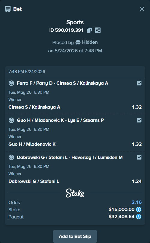 stakehighroller's tweet photo. 3-leg parlay just placed. $15,000 → $32,409. Stoic.

#RolandGarros https://t.co/6FLm9wWD5j
