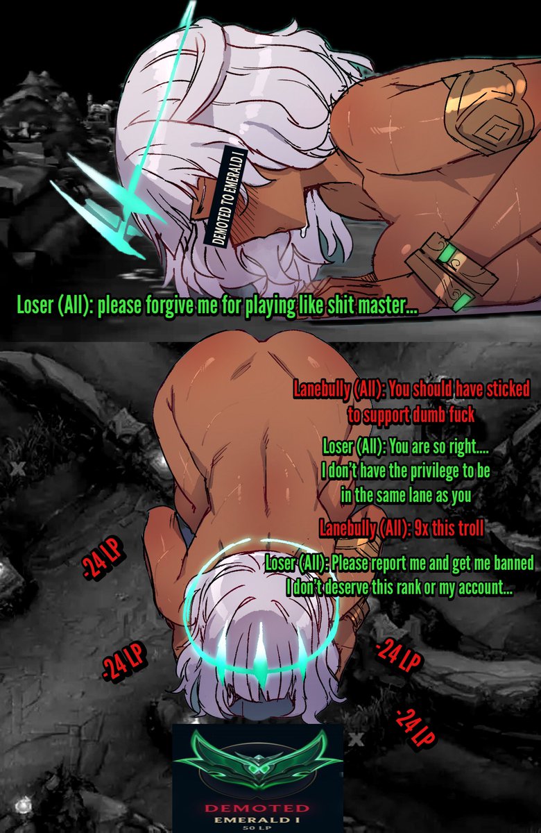 Antihealarmour's tweet photo. Comm by @_Atilis_ 
Dumb fuck spent 3 whole days trying to demote from diamond just because I ordered him to and the idiot actually did it while looking at my edits through his second screen (recorded by him) hehe~ some of you feeders really so entertain me~ <3

#Defeatslut #league_of_legends #goonedit