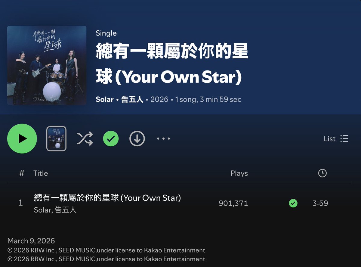 DragonKazoo77's tweet photo. 260524 📈 #Solar x #Accusefive "Your Own Star" has surpassed 900K streams on Spotify!

Let's keep streaming!
🔗 https://t.co/bgZ0ripHFt

#솔라 #頌樂 #告五人 
#總有一顆屬於你的星球 #Your_Own_Star https://t.co/ng3huVmsIr