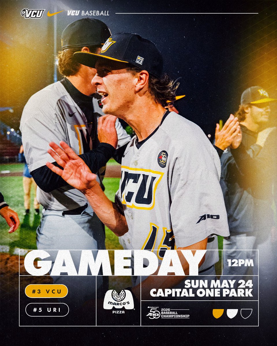 VCUBaseball's tweet photo. Winner-takes-all😤

🏆 A-10 Championship Final Game Two
🆚 No. 5 Rhode Island
📍 Tysons, Va.
🏟️ Capital One Park
🕛 12 PM
📺 https://t.co/BpJUZ5vinp
📊 https://t.co/rrCSVnnZkO
ℹ️ https://t.co/Cug7ue4hOu https://t.co/yHJogLsYfc