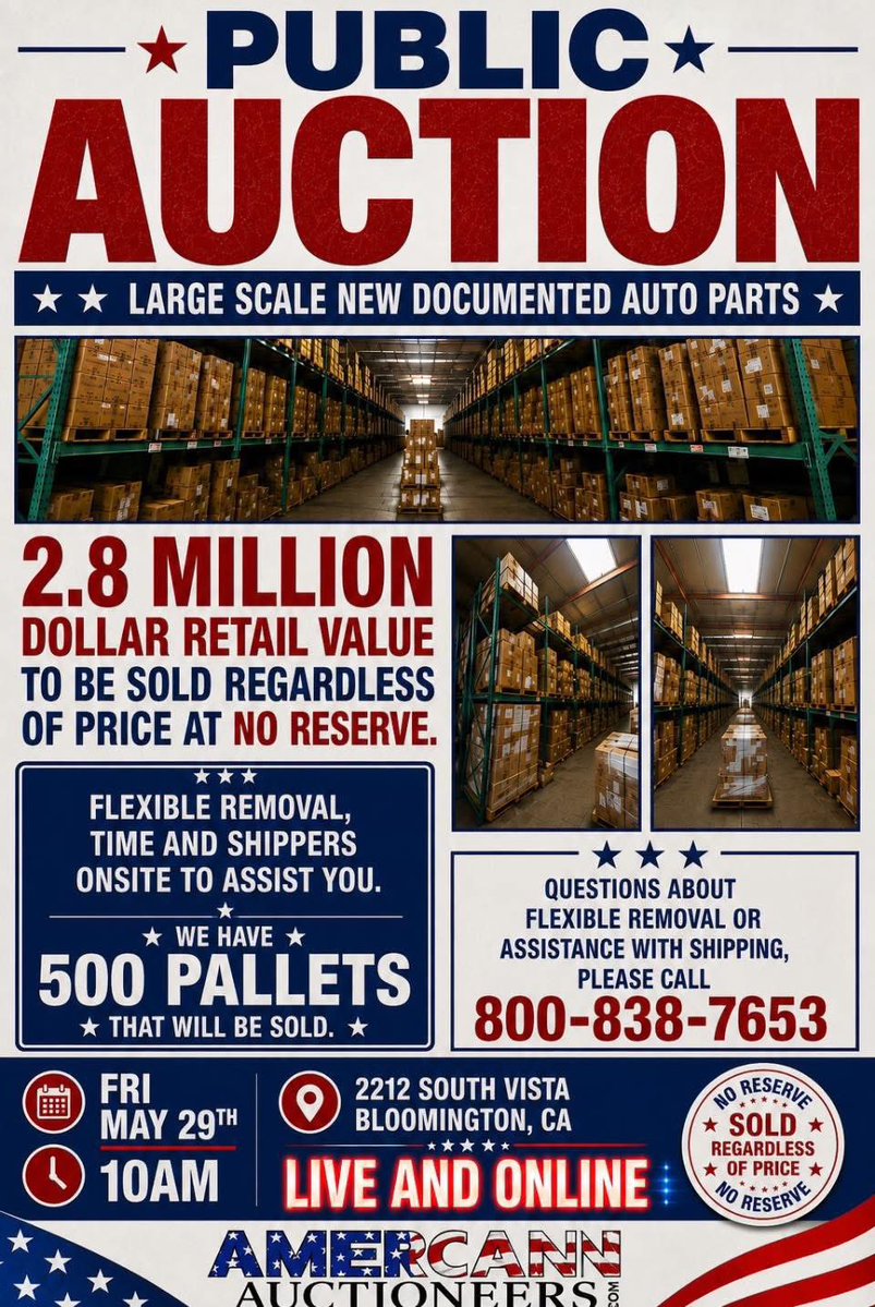 auctionguydan's tweet photo. Are you buying? Here’s one for sale Rare Opportunity
Large Documented 
New Auto Parts Auction. 

Fri May 29th 10am
2212 S Vista Ave 
Bloomington, CA 
800 838 7653

2.8 Mill $ retail value, flexible, removal, and assistance with shipping if needed. GES Auto Parts 
Sold by
Party in Possession 

LIVE IN ONLINE BIDDING CLICK HERE  
https://t.co/DzLoPKsv6p

https://t.co/Q1aQhK3wb1?