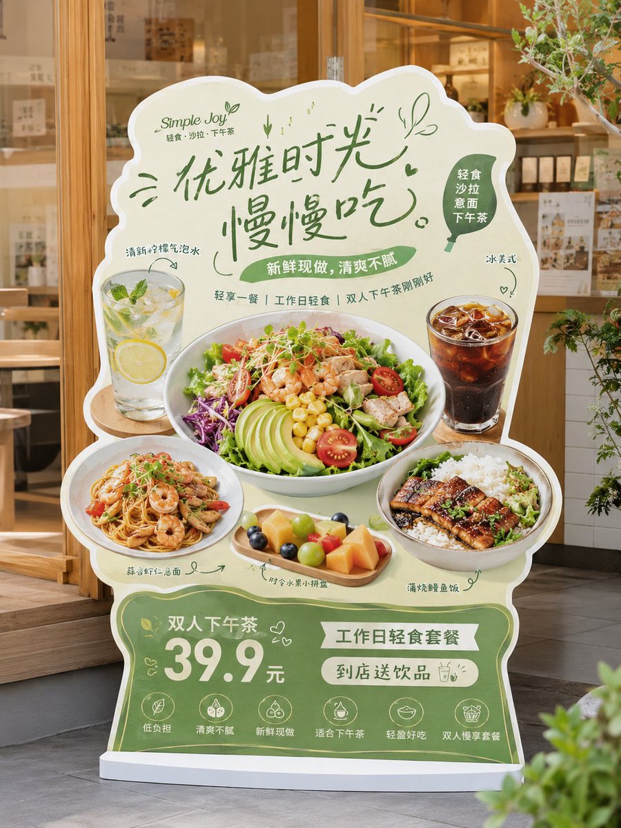 MrLarus's tweet photo. 🤯餐饮老板必学！
用 ChatGPT-Image2 生成《餐饮异形展架/立牌》，门店物料满分！

不同风格大标题、主推菜、卖点标签一次性直出😋
1、清新轻食风：沙拉 / 意面
2、山野自然风：菌汤锅 / 云南风味
3、金黄浓郁风：蟹黄拌面
4、爆辣夜市风：酸辣粉 / 拌面
适合餐饮新品上市、套餐促销、门店引流，餐饮老板学会又能省一笔！

完整提示词放评论区👇