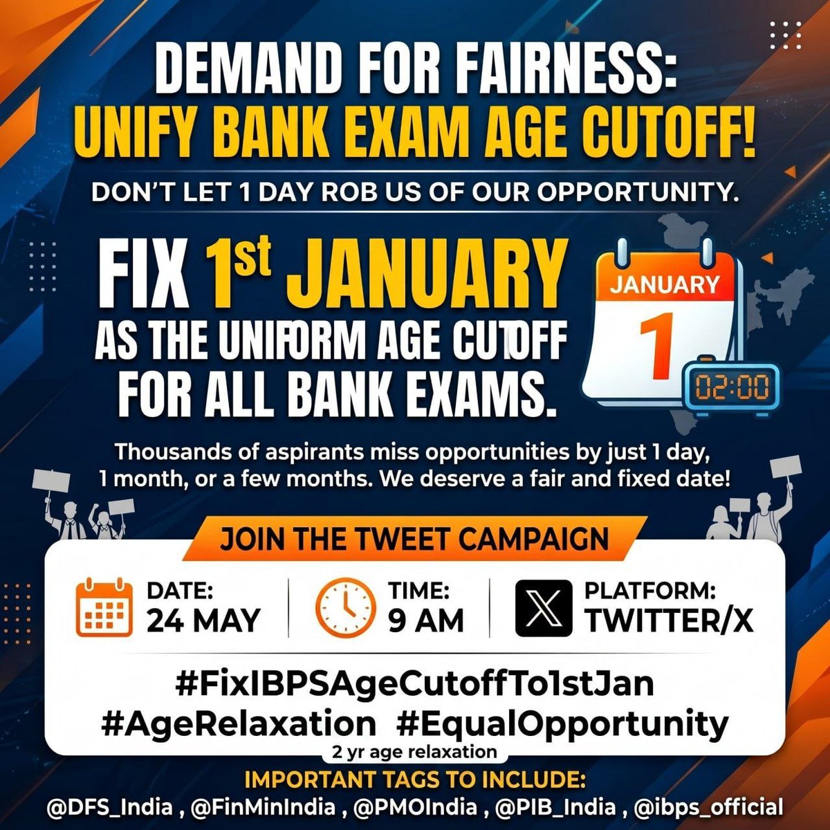 varun_chitra_SQ's tweet photo. ✅ 1 January as a fixed age cutoff date for all bank exams
✅ 2 Years Age Relaxation in all bank exams

#FixIBPSAgeCutoffTo1stJan
#AgeRelaxation
#EqualOpportunity https://t.co/Z5wo49XqSK