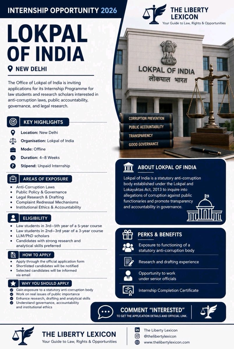 Libertylexicon1's tweet photo. Internship Opportunity | Lokpal of India, New Delhi | 2026

#Internship #LegalInternship #Lokpal #LokpalOfIndia #LawStudents #PublicPolicy #LawInternship #LegalCareer #RegulatoryLaw #AntiCorruption #LegalResearch #Governance #JudicialInternship #LawSchool #FutureLawyers #BALLB https://t.co/XFtBaMA17E