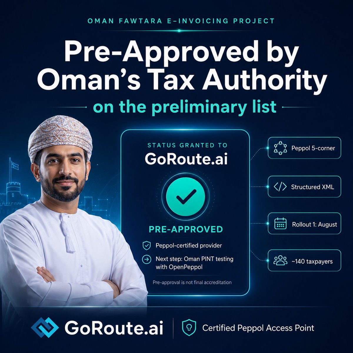 ClayDesk's tweet photo. Big milestone for https://t.co/QBqnb2U0Bv 🚀 We are excited to share that https://t.co/QBqnb2U0Bv has been pre-approved by Oman’s Tax Authority on the preliminary list for the Oman Fawtara E-Invoicing. Book a demo:  https://t.co/jIPRS2isBu
#GoRouteAI #EInvoicing #Oman #Fawtara https://t.co/w4k6CQmAV5