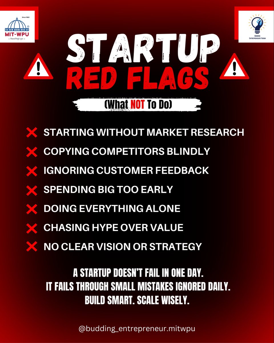 BuddingForumMIT's tweet photo. Startup Red Flags

Most startups fail because small warning signs get ignored for too long.

Poor research, overspending, and ignoring customer feedback can hurt growth.

Build value first. Scale wisely.

#buddingentrepreneursforum #schoolofbusiness #startup #entrepreneurship https://t.co/wq5WW0aLLd