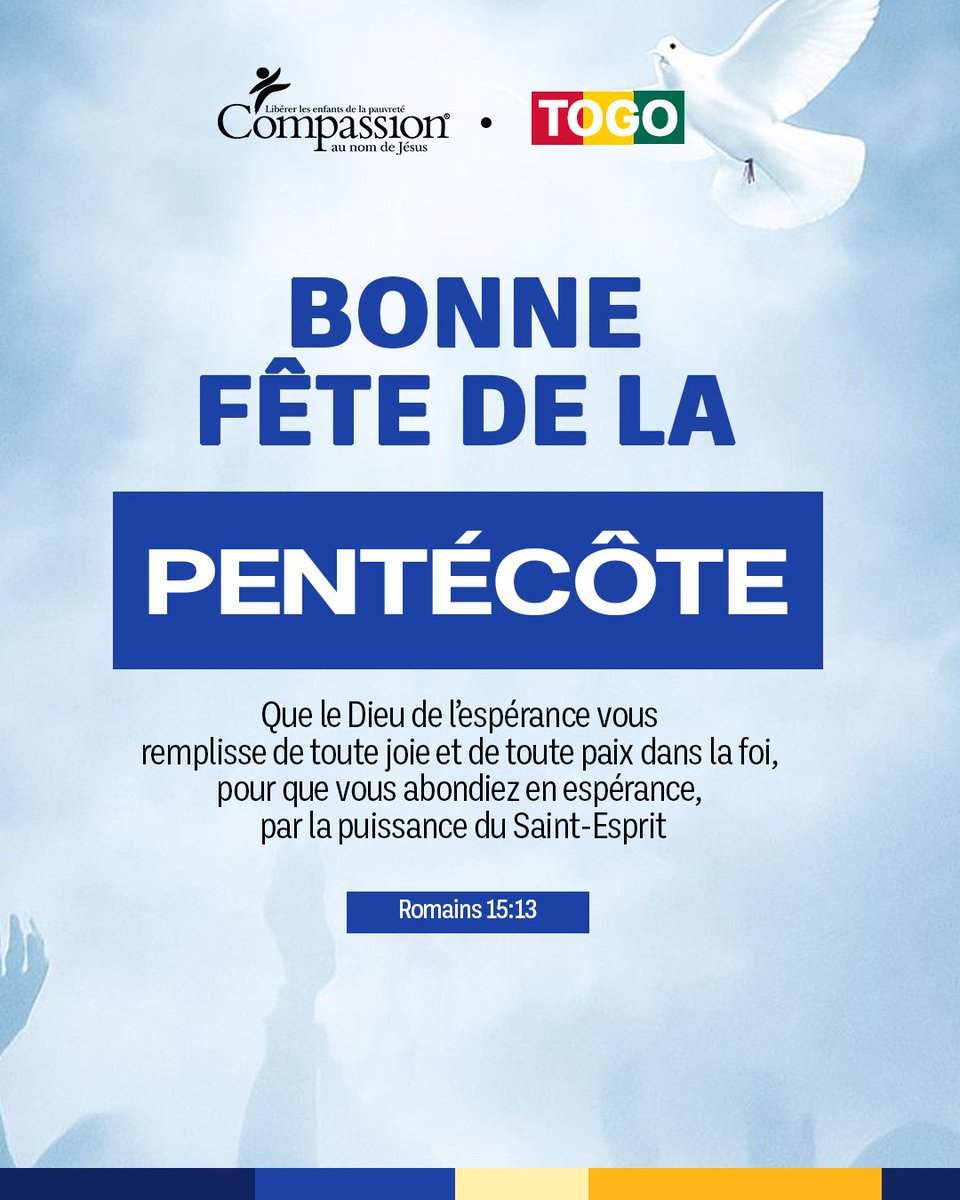 CompassionTg's tweet photo. La Pentecôte, nous rappelle que le Saint-Esprit est une source de force, de paix et d’espérance pour chaque jour de notre vie.
Qu'il renouvelle notre foi, fortifie nos cœurs et inspire à marcher avec confiance, amour et espérance. 

Bonne fête de la Pentecôte à toutes et à tous. https://t.co/Dea674UHcI