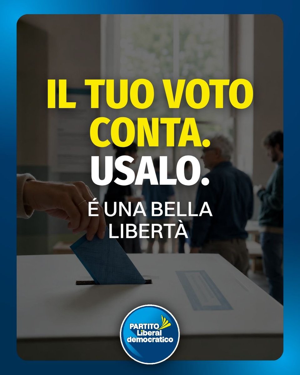 Partito_Libdem's tweet photo. Oggi e domani milioni di italiani avranno la possibilità di fare una cosa semplice, ma straordinaria: scegliere.

Mettere una scheda nell’urna richiede pochi minuti.
Ma dietro quel gesto ci sono decenni di storia, battaglie per la libertà, persone che hanno creduto nella democrazia anche nei momenti più difficili.

Per questo il voto non è una formalità.
E non dovrebbe mai diventare indifferenza.

Viviamo in un tempo in cui è facile sentirsi lontani dalla politica, delusi, arrabbiati o disillusi.
Ma la risposta non può essere smettere di partecipare.
Perché ogni volta che i cittadini rinunciano alla propria voce, la democrazia diventa più fragile.

“Il prezzo della libertà è l’eterna vigilanza”, scriveva il liberale John Philpot Curran.
E partecipare è una delle forme più concrete di quella vigilanza.

🗳 Seggi aperti oggi dalle 7 alle 23 e lunedì dalle 7 alle 15.

Andate a votare.
Fatelo liberamente, consapevolmente, con la vostra testa.
Perché la libertà si protegge anche così.

#Amministrative2026 #Democrazia #Libertà #Voto #PartitoLiberaldemocratico