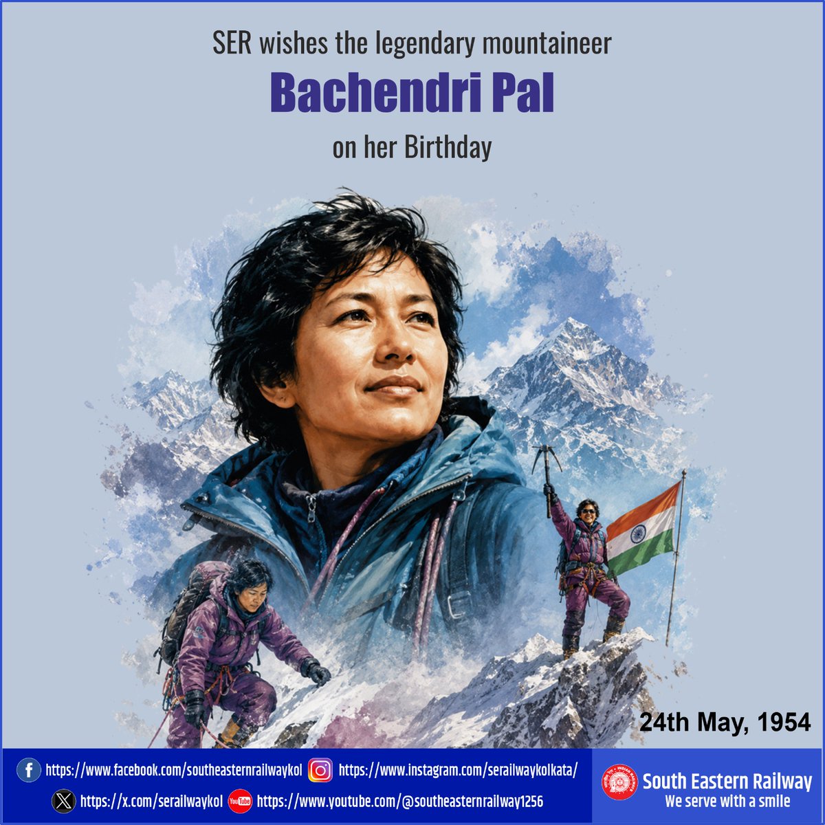 serailwaykol's tweet photo. From the foothills of dreams to the peak of history, Bachendri Pal showed India how courage climbs.  #BachendriPal #EverestLegend #FearlessSpirit #WomenOfIndia #MountainOfDreams #Trailblazer #BornToInspire #EverestHero #BreakingLimits #SouthEasternRailway https://t.co/i37ADJyoV1