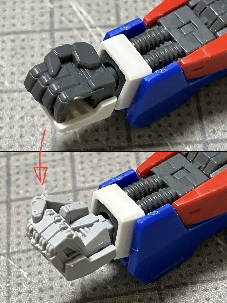 jun_7751's tweet photo. ハンドパーツをビルダーズパーツに置き換えます。
そのままだと手首の軸が奥まで入らないので、キットの手首基部の白いパーツを少し加工しました。これでカッコいいハンドに！ https://t.co/ZV5Hgz1deu