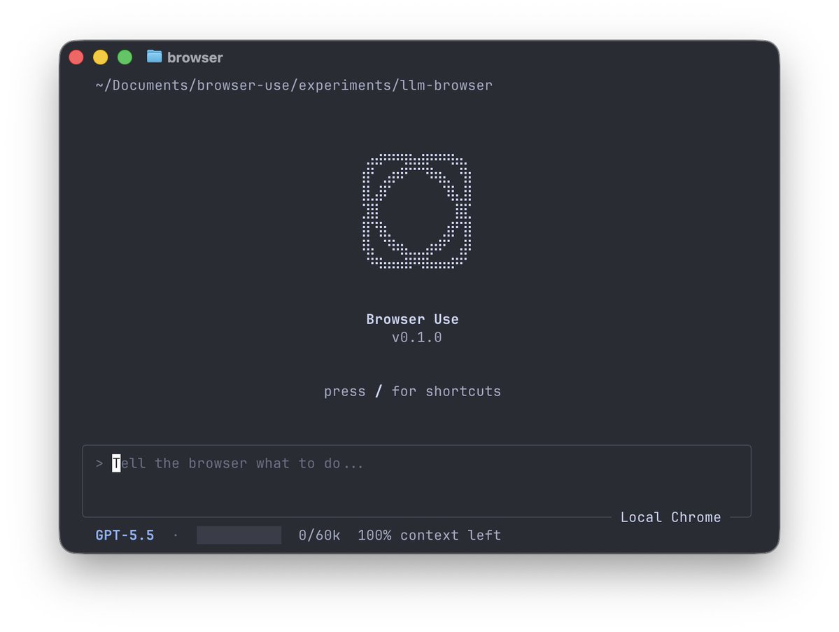 Browser-use 团队用 Rust 编写的终端 TUI 工具，你用自然语言告诉它做什么，它就去控制浏览器完成。自研的 LLM 引擎加上 Chrome 的 CDP 协议，支持用你登录态的 Chro...