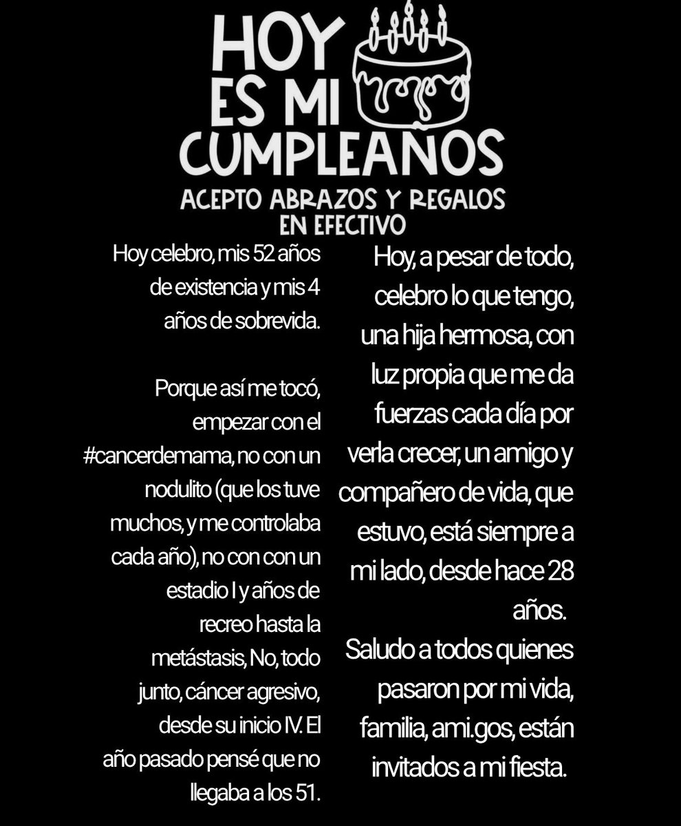 rossanamar's tweet photo. Hoy celebro, mis 52 años de existencia y mis 4 años de sobrevida.

Por así me tocó, empezar con el #cancerdemama, no con un nodulito (que los tuve muchos, y me controlaba cada año), no con un estadio I y años de recreo hasta la metástasis, No, todo junto. https://t.co/Rl9seO0mfR