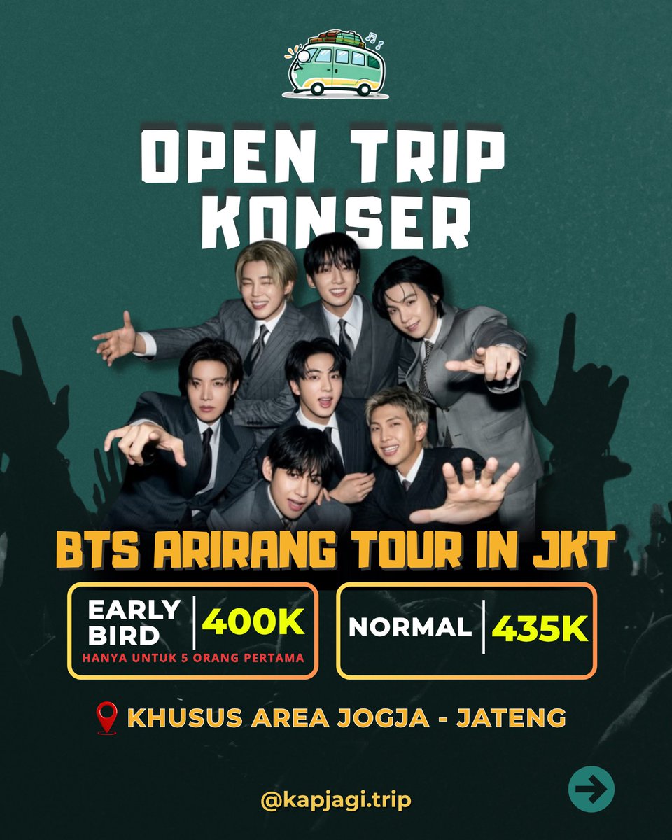 kapjagitrip's tweet photo. [TRIP KONSER BTS ARIRANG IN JKT] 
📍 AREA JOGJA-JATENG

💵 DP 100K/ FULL PAY 

Fasilitas: 
🚌 Bus Exclusive
🛌 Kamar Transit Exclusive 
🍱 2x Makan &amp; 1x Snack
💜 Freebies
💊 P3K
🪫 Charging Station

🎁Lucky Draw 2 Winner

#tripkonserbts #BTS_ARİRANG #kapjagitrip https://t.co/VeH6rStTpT