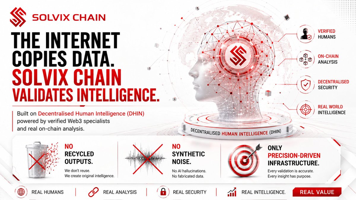 Solvixchain's tweet photo. The internet copies data.
SOLVIX CHAIN validates intelligence. ⚡
Built on Decentralised Human Intelligence (DHIN) with verified humans, real on-chain analysis &amp; precision-driven infrastructure.

No synthetic noise. No recycled outputs.

#SOLVIXCHAIN #DHIN https://t.co/xT0HSbMuvI