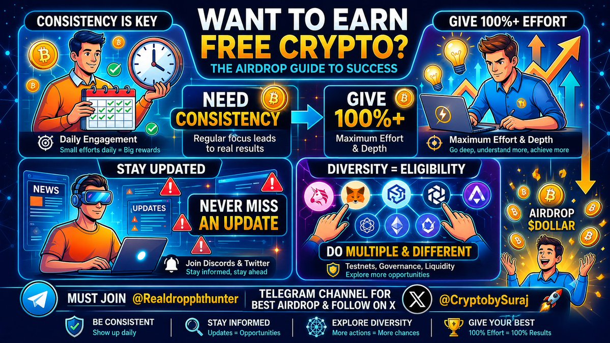 CryptoBySuraj's tweet photo. FREE crypto is not “free” for lazy people. 👀
😱 Reveling Secret Of AIRDROP

The biggest airdrops go to users who
✅ Stay active daily
✅ Test products early
✅ Join communities
✅ Keep learning &amp; grinding

Be early. Be consistent. Get rewarded🪂

🟦Join - https://t.co/mNqoTSeZnW https://t.co/OkaT6ggVBY