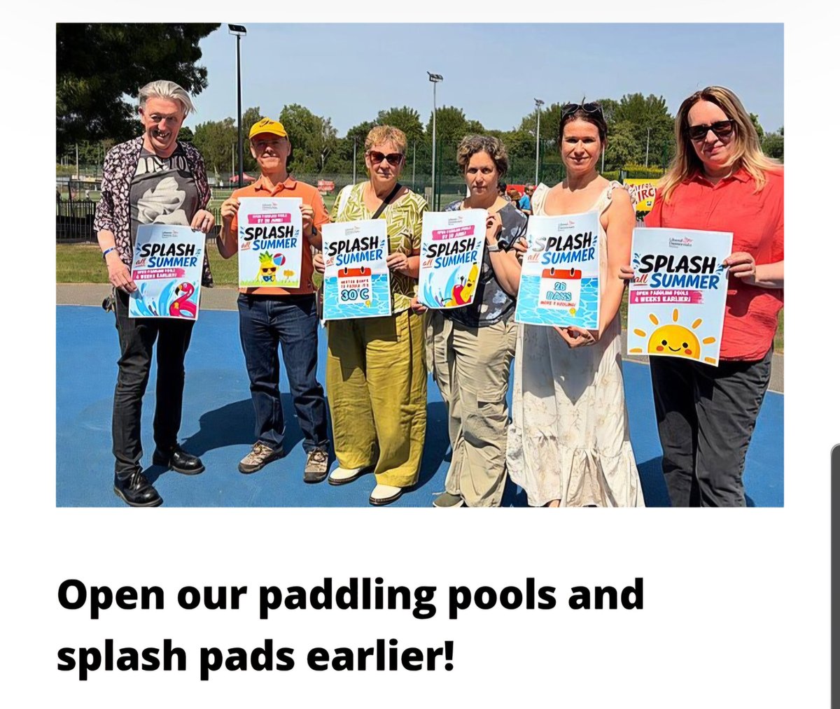 MertonLibDems's tweet photo. As temperatures in London rise earlier each year, families across Merton are increasingly finding our splash pads and paddling pools closed during the hottest weeks of the year. Sign our petition to ask they are opened earlier https://t.co/7friDJnsio https://t.co/LqAuqZ1Ybv