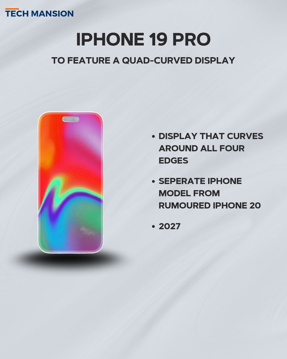 TechMansion's tweet photo. Apple’s future iPhone 19 Pro is rumored to introduce a quad-curved display design, potentially delivering a more immersive and premium look.
#iPhone19Pro #Apple #iPhone #AppleLeaks #TechNews #Smartphones #DisplayTech #FutureTech https://t.co/zpLhH9xXWQ