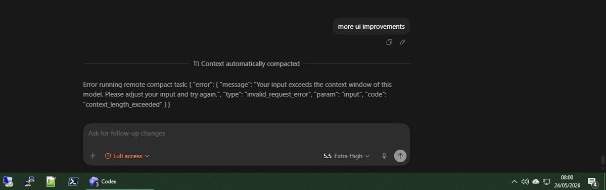 Codex error screen showing a remote task failing with a context-length-exceeded message