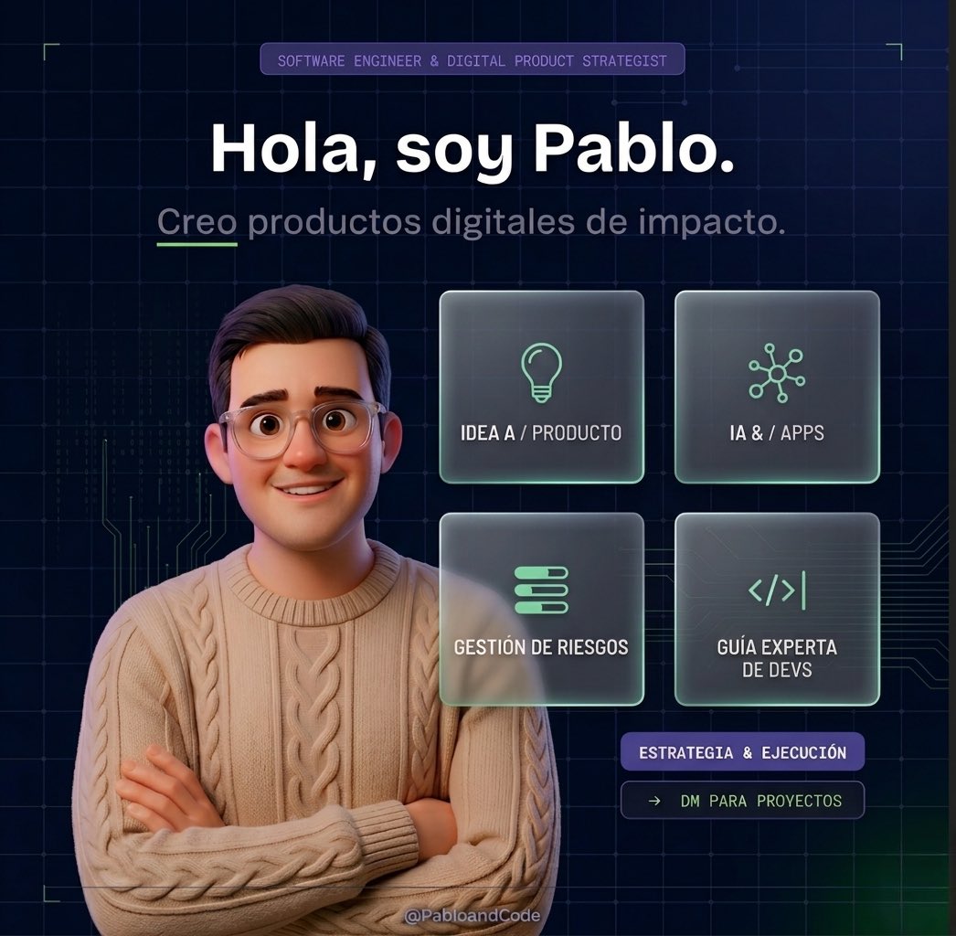 pabloandcode's tweet photo. Hello World! Soy Pablo! Creó productos digitales escalables y comparto sobre tecnología.
Sígueme para no perderte nada! 🚀 https://t.co/VzgtiIsh8M