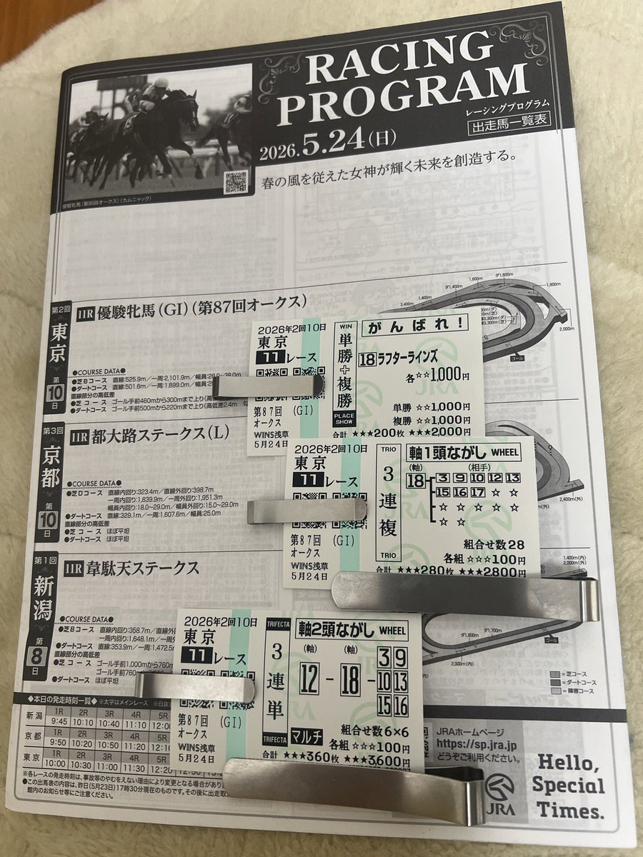 sekey0328's tweet photo. 今日の競馬オークスは複勝、三連複、三連単が的中でした🎯
三連単は万馬券です！美味すぎる😋
馬単は今村騎手を2着固定にしてしまったのでダメでしたが余裕のプラス収支です。
重力ピエロを単穴評価したのは自分的には間違ってなかったのかな🤔
結果オーライ。
今村聖奈騎手G1おめでとうございます🎊 https://t.co/PbZSTIevBF