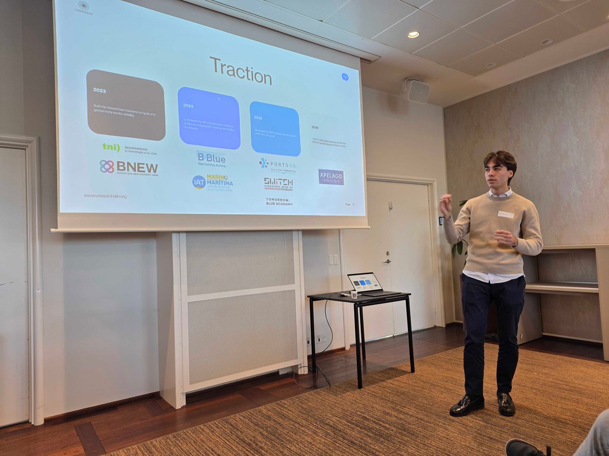 IGNISguide's tweet photo. 🛥️ @Fran__Sarr and Borja at the 4th session of Apelago’s Bootcamp in Copenhagen 🇩🇰

⚓ Pitching #VesselChain and discussing how #Ignis blockchain solutions can support smarter and more transparent maritime operations, such as shipping, logistics and vessel data management 🌊 https://t.co/u8nVF7140U