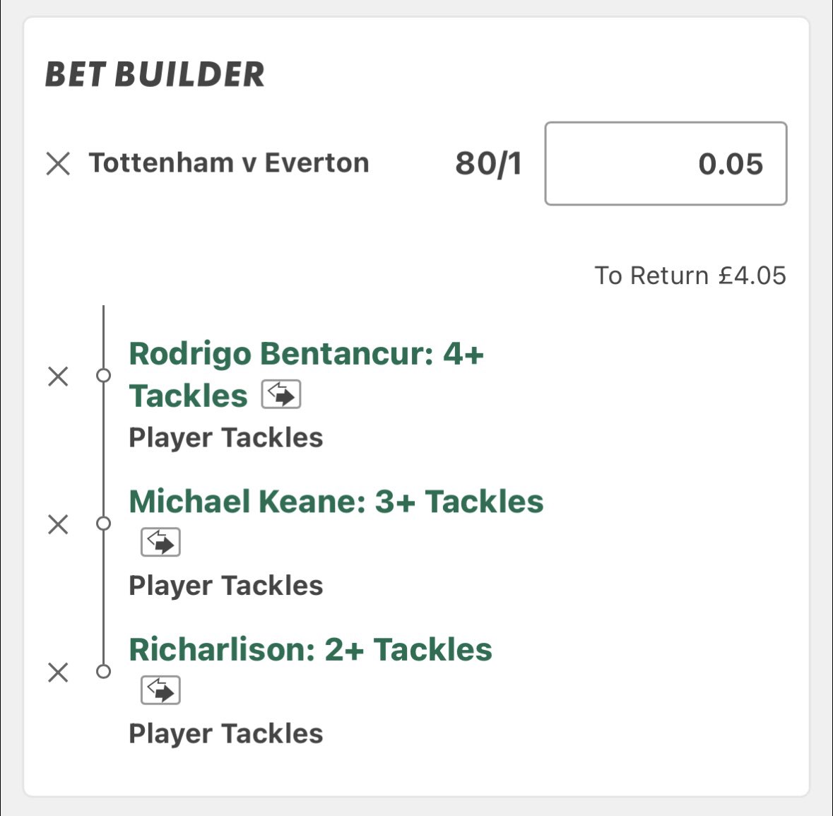 TheMooseTips's tweet photo. ⚽️Tottenham v Everton 🏴󠁧󠁢󠁥󠁮󠁧󠁿
💰1u/0.25u/0.05u

Bentancur Tackles: 2,5,2,3,4,5,3,0,2,2,3,5,3,5

2+ in 13/14 LGs, 3+ in 9/14. CDMs/CMs are averaging 2.1 tackles per game v Everton.

Keane 1+ in 16/20 LGs, 2+ in 7/13. 29/34 LCBs have landed 1+ tackles v Spurs, 2+ in 17/34.

Richarlison averaging 1.29 p90 this season.

@StatsHubCom 📊