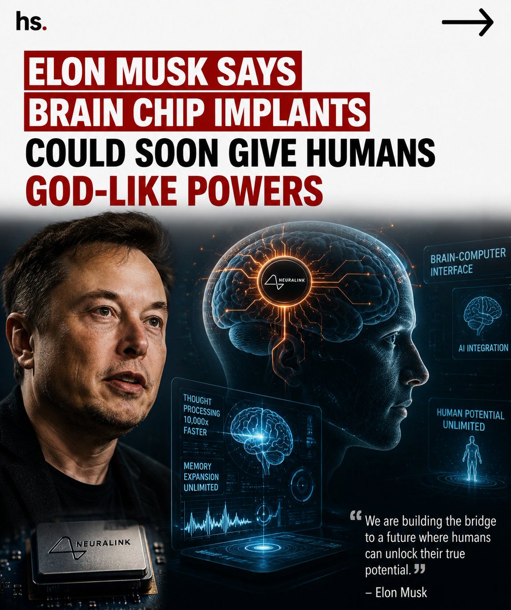 HellosarkarR's tweet photo. ELON MUSK SAYS BRAIN CHIP IMPLANTS COULD SOON GIVE HUMANS GOD-LIKE POWERS 
@elonmusk https://t.co/mdOKQR5Kzz
