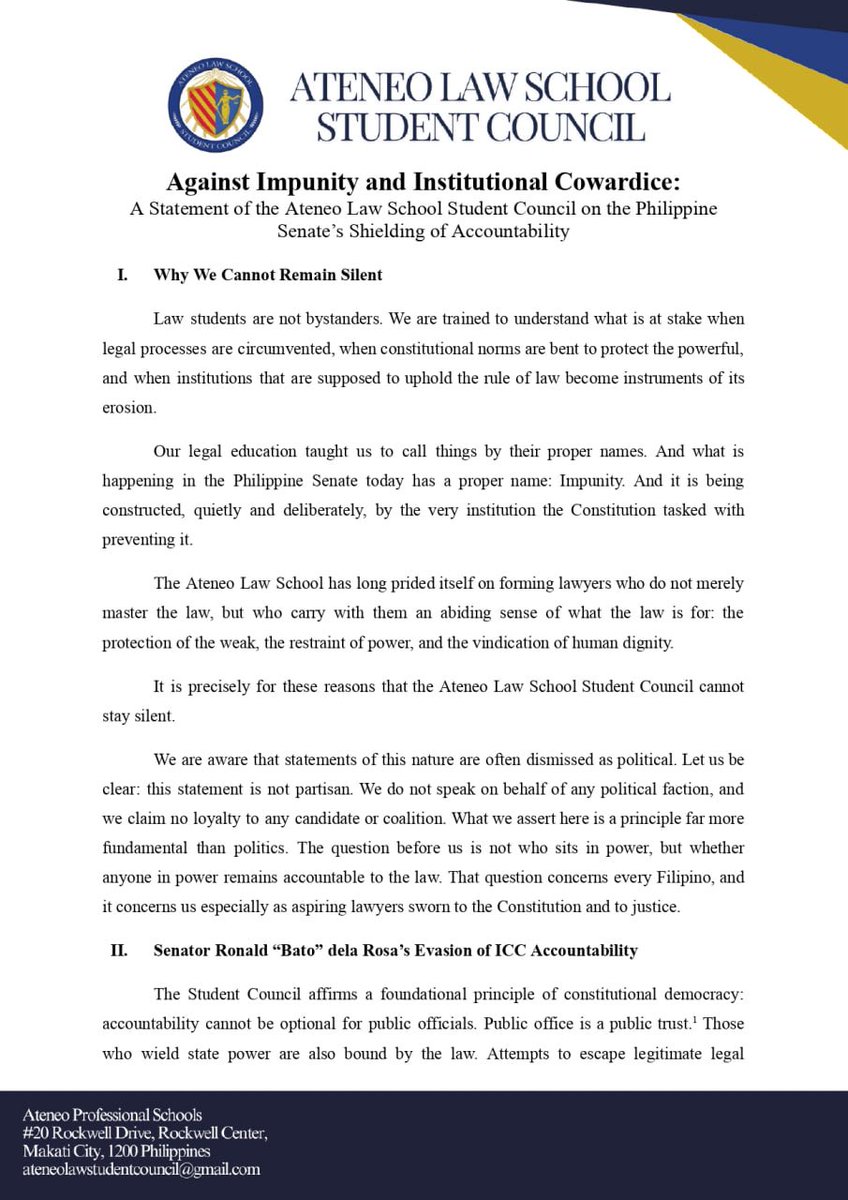PhilstarNews's tweet photo. ‘SHROUDS HIMSELF IN DARKNESS’: ATENEO LAW STUDENTS TAKE SWIPE AT CAYETANO

The Ateneo Law School Student Council on May 21 criticized Senate President Alan Peter Cayetano over the Senate’s handling of issues involving Sen. Ronald “Bato” dela Rosa and the International Criminal Court.

In a statement, the student council said Cayetano, an Ateneo alumnus, “fell short of the ethical leadership expected of him as an Atenean” and accused the Senate of placing “institutional solidarity at the expense of institutional integrity.”

“There is no expression of the virtue of Lux in Domino when an Atenean senator shrouds himself in darkness,” the Ateneo Law School Student Council said of Sen. Cayetano.

The group also urged the Senate not to become a “sanctuary against accountability,” saying lawmakers should uphold constitutional principles instead of shielding colleagues facing serious allegations.

The student council likewise called on dela Rosa to “cease his evasion of international legal processes” and submit himself to lawful accountability mechanisms.

📸 ALS Student Council