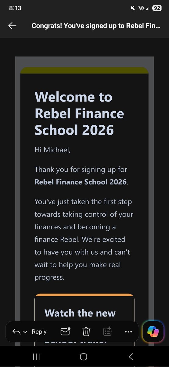 michael8nelson's tweet photo. Just signed up for @rebelfinanceschool 2026.
Thanks to a friend in the comments for the recommendation.
Free 10 week course starting June 1st. Real financial education, no jargon.
Working class dad starting from scratch. Documenting everything.
Join me — https://t.co/0oVBAeFoeS https://t.co/MeMyUs0d6Q
