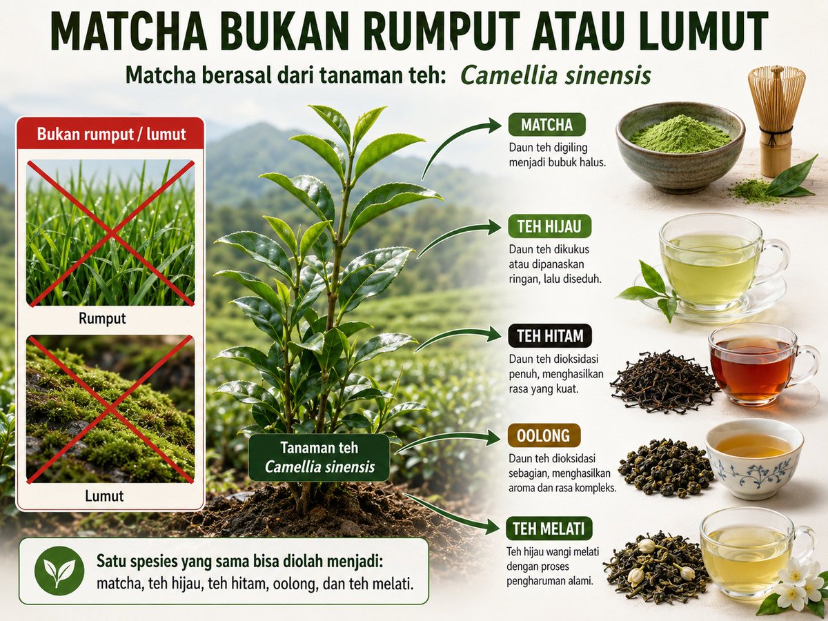 faizcazika's tweet photo. Sini duduk dulu, Kawan. Lagi pegang es matcha latte, nih?
Pasti sering banget denger selentingan orang yang ngeledek, "Dih, matcha kok rasanya kayak rumput pangkasan basah!" 
Jujur aja, yang sering dibilang mirip rumput itu sebenarnya menyimpan cerita manipulasi botani paling ekstrem dan epik yang pernah diciptakan manusia di dunia perkopian dan pertehan.