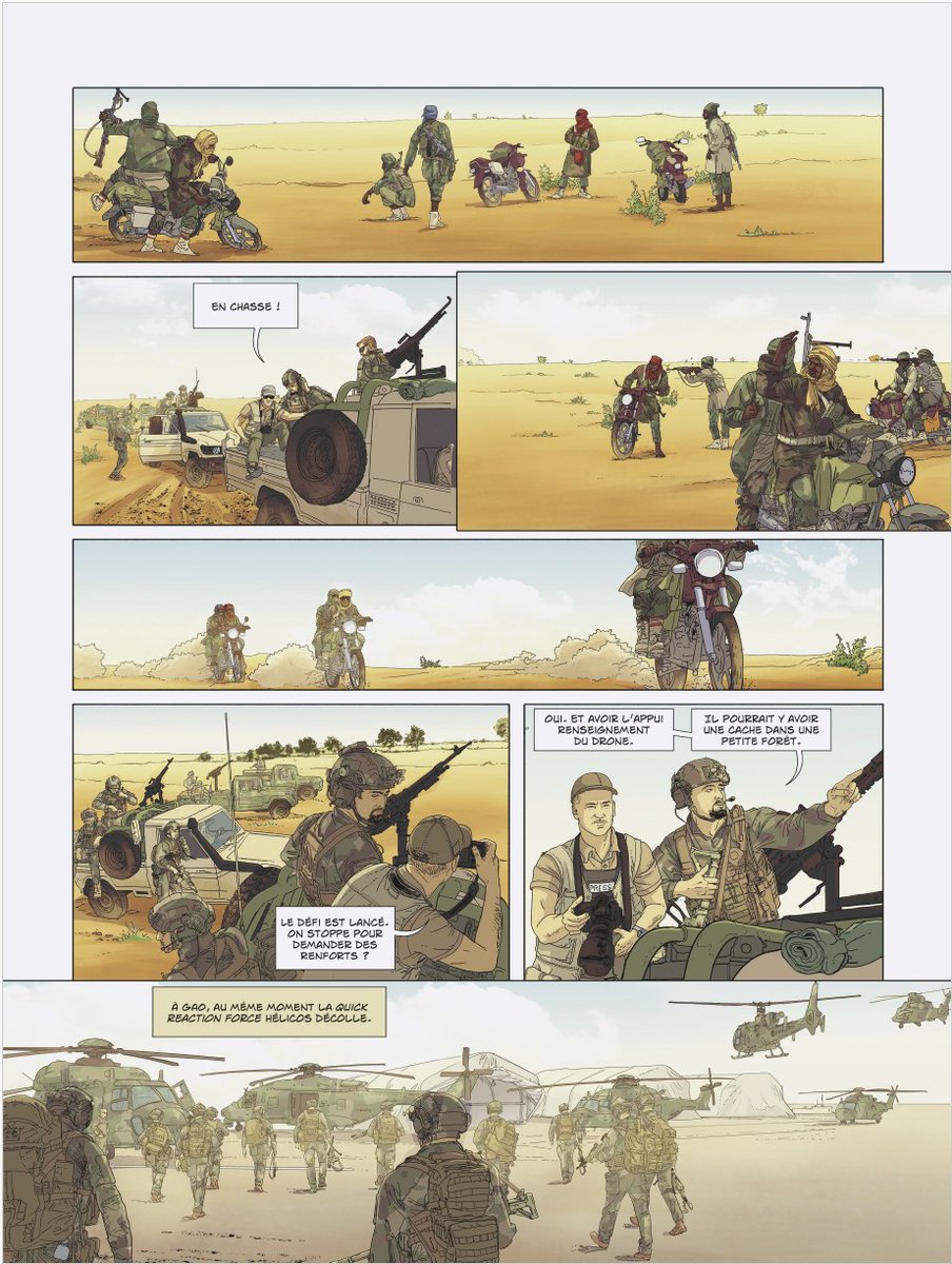 AlpinsHist's tweet photo. Quand on parle combat à motos, on pense bien sûr à Boko Haram ( les précurseurs ) et à Barkhane. 
Pourtant le 1er gros clash fut en Centraf, en 2014, entre  1 section 🇫🇷 et une bande Séléka en Toyota + escouades à motos ( 2 gus / moto ). Violent.
Extrait BD " une cordée" Glénat. https://t.co/amRJXJ1i4A
