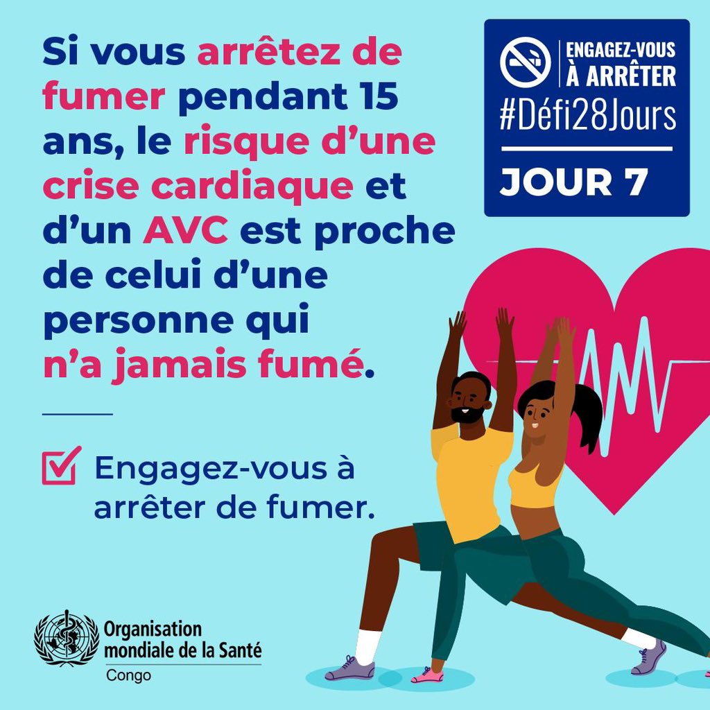 XPerience_Beatz's tweet photo. 🚭 #Jour7 : arrêter de fumer, c’est protéger durablement son cœur ❤️

Avec le temps, les risques d’AVC et de crise cardiaque diminuent fortement.

#Défi28Jours #SansTabac #OMSCongo https://t.co/rWlH432s07