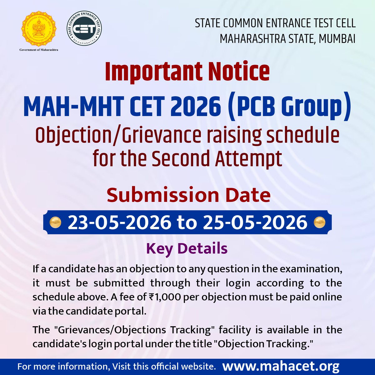 CETCELL's tweet photo. Important Notice
MAH-MHT CET 2026 (PCB Group)
Objection/Grievance raising schedule
for the Second Attempt https://t.co/vsykmxi57p