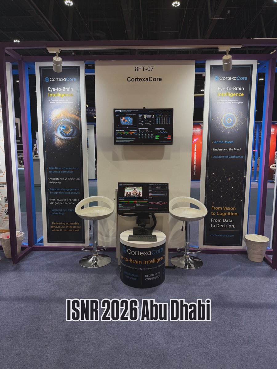 CortexaCore's tweet photo. We had a fantastic time at ISNR Abu Dhabi 2026!

A huge thank you to everyone who stopped by to see us at CortexaCore. It was great to see existing customers and to meet new people from departments and areas that can benefit from our Eye-to-Brain solutions. The conversations were insightful, and the interest in our platform was genuinely energising.

We now look forward to working with all of you and putting our patented Eye-to-Brain Intelligence technology to work on real-world challenges.

Excited for the collaborations ahead!

#CortexaCore #ISNR2026 #Defence #Security #Intelligence #EyeTracking #Neuroscience #BehaviouralAnalytics #NationalSecurity #CognitiveIntelligence
