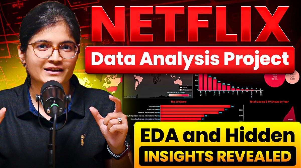 PriyaBhatiaDS's tweet photo. A few years ago, when I started learning data science, I used to think that analyzing data meant applying a few charts and building a model.
Then reality hit.
Data does not speak directly. It hides stories.
Take Netflix as an example. We all open it, scroll endlessly, watch movies and series, and move on. But behind those screens lies a completely different world:

Why are some genres dominating?
Why do certain countries contribute more content?
How has Netflix's content strategy evolved over the years?
What hidden patterns exist that most people never notice?
That is where Exploratory Data Analysis (EDA) becomes powerful.

I have released a new YouTube video: "Netflix Data Analysis Project: EDA and Hidden Insights Revealed"

In this project, we move beyond just plotting graphs. We think like data analysts and uncover stories hidden inside the dataset.

What you'll learn:
✅ Data cleaning and preprocessing
✅ Exploratory Data Analysis (EDA) techniques
✅ Finding hidden trends and patterns
✅ Data storytelling using visualizations
✅ Real-world project implementation

Here's the link to the video: https://t.co/crye8tXK1k

Learning data science becomes much more meaningful when you stop asking, "How do I use this function?" and start asking: "What story is the data trying to tell?"

Watch the video and share one insight that surprised you the most.
#DataScience #DataAnalytics #Netflix #EDA #Python #MachineLearning #DataVisualization #Analytics #Learning #Projects