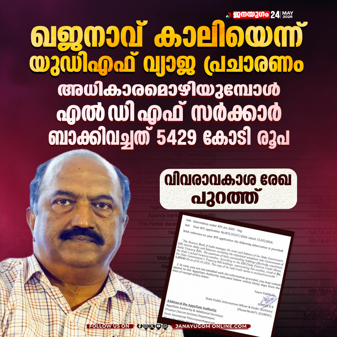 JanayugomO's tweet photo. ഖജനാവ് കാലിയെന്ന് യുഡിഎഫ് വ്യാജ പ്രചാരണം;
അധികാരമൊഴിയുമ്പോൾ എല്‍ ഡി എഫ് സർക്കാർ ബാക്കിവച്ചത് 5429 കോടി രൂപ, വിവരാവകാശ രേഖ പുറത്ത്...

#FinanceMinistry #UDF #udfgovernment #LDF #LDFGovernment #KNBalagopal #VDSatheesan  #congresskerala #keralagovernment #Kerala #janayugomonline https://t.co/CWLD1vr5ZM
