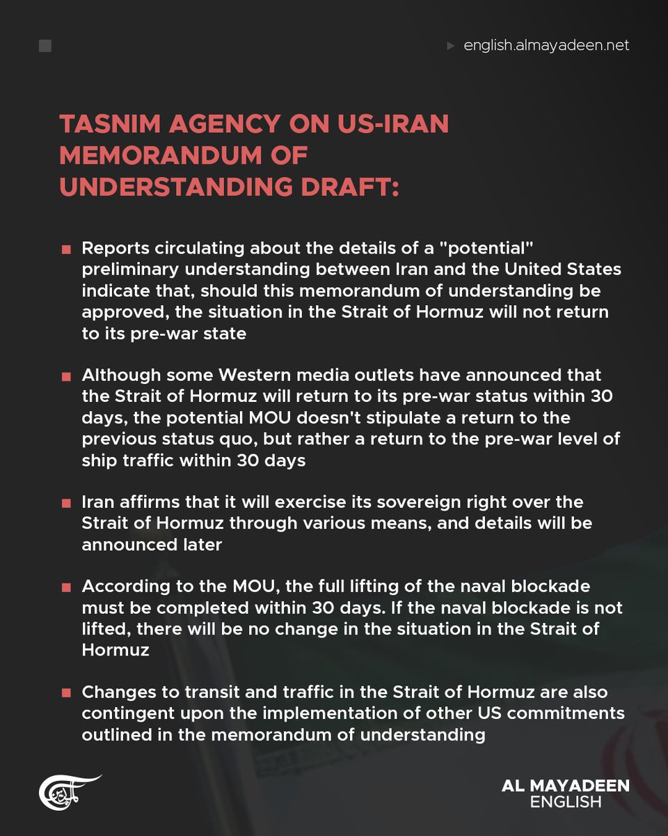 MayadeenEnglish's tweet photo. Tasnim News Agency reported that discussions surrounding a potential US-Iran memorandum of understanding (MOU) suggest the situation in the Strait of Hormuz would not fully return to its pre-war status, despite Western claims of normalization within 30 days.

According to the report, the proposed framework only guarantees a return to pre-war levels of ship traffic within 30 days, while Iran insists it will continue "exercising its sovereign right" over the Strait of Hormuz through measures to be announced later.

Tasnim added that lifting the US naval blockade within 30 days remains a central condition for any change in Hormuz, alongside broader US commitments, including suspending oil sanctions on Iran, releasing part of Iran’s frozen assets, and ending the war "on all fronts, including Lebanon."

The report stressed that Tehran rejected Washington’s attempt to tie the release of Iranian assets to a final nuclear agreement and has "not accepted any measures in the nuclear file at this stage," warning that Iran would reconsider negotiations if the US obstructs implementation of the deal.

#IranWar #USIran #Iran #US #StraitOfHormuz