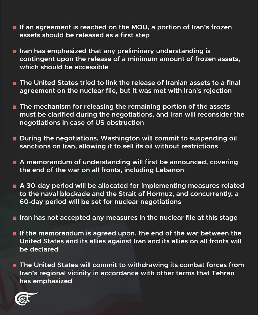 MayadeenEnglish's tweet photo. Tasnim News Agency reported that discussions surrounding a potential US-Iran memorandum of understanding (MOU) suggest the situation in the Strait of Hormuz would not fully return to its pre-war status, despite Western claims of normalization within 30 days.

According to the report, the proposed framework only guarantees a return to pre-war levels of ship traffic within 30 days, while Iran insists it will continue "exercising its sovereign right" over the Strait of Hormuz through measures to be announced later.

Tasnim added that lifting the US naval blockade within 30 days remains a central condition for any change in Hormuz, alongside broader US commitments, including suspending oil sanctions on Iran, releasing part of Iran’s frozen assets, and ending the war "on all fronts, including Lebanon."

The report stressed that Tehran rejected Washington’s attempt to tie the release of Iranian assets to a final nuclear agreement and has "not accepted any measures in the nuclear file at this stage," warning that Iran would reconsider negotiations if the US obstructs implementation of the deal.

#IranWar #USIran #Iran #US #StraitOfHormuz