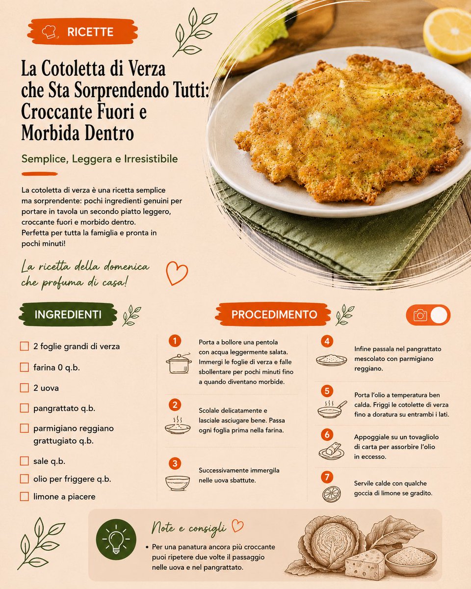saporido's tweet photo. Hai mai provato la verza così? 😍 Croccante fuori e morbida dentro, sta conquistando tutti!

👉 https://t.co/55Vy5KBzW7

La cotoletta di verza è una ricetta semplice ma sorprendente: pochi ingredienti, una panatura dorata e un risultato irresistibile. https://t.co/yrTH7rbKq8
