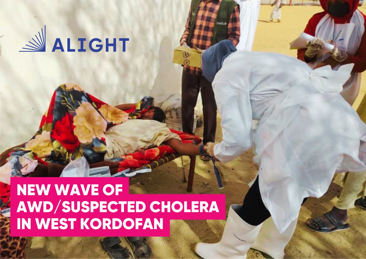 AlightSudan's tweet photo. 🚨New wave of AWD/suspected #Cholera in West Kordofan - the new wave claimed 40 lives so far. As of 23rd May;
🚑 254 cholera cases reported
⚡️ 20 new cases last 24hour.
🩺 60 Admitted to CTC/CTU

Alight deployed response teams to contain the outbreak, but urgent funding is needed https://t.co/vlxePvtsZd