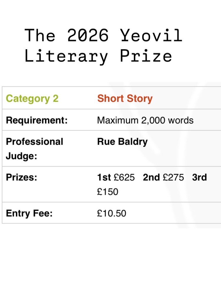 R_E_Baldry's tweet photo. Anyone thinking of entering one of the Yeovil Prize categories: you’ve only got about a week because they close at the end of the month.
Coming 2nd in the novel prize in 2019 which was a hugely validating proud moment. 
This year I’m judging the story prize! https://t.co/zeZlrIT5S8
