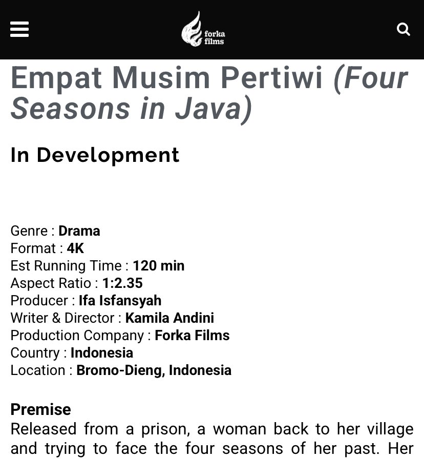 FilmIndoSource's tweet photo. According to the technical aspects listed on Forka Films website, Kamila Andini’s ‘EMPAT MUSIM PERTIWI’ (‘FOUR SEASONS IN JAVA’) will have an estimated runtime of 120 minutes. https://t.co/VOLIMKFCoy