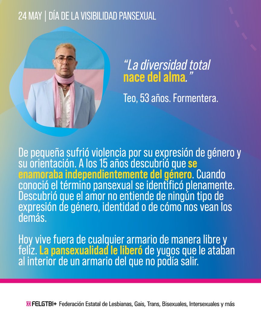 FELGTBI's tweet photo. 🌈En el Día de la Visibilidad Pansexual, lo decimos claro: nos visibilizamos para existir. 

La pansexualidad es la atracción independientemente del género o identidad.

🫂Y nombrarnos importa, porque solo nos reconocemos cuando ponemos palabras a nuestras identidades.

✊🏾Frente al odio, visibilidad.