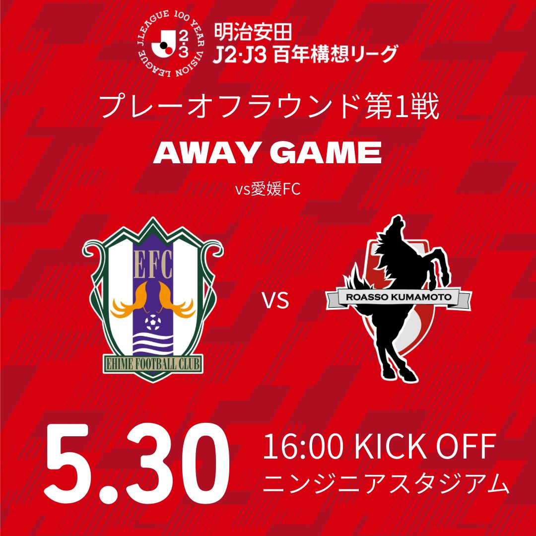 roassoofficial's tweet photo. 【トップチーム】
#ロアッソ熊本 は明治安田J2・J3百年構想リーグ 地域リーグラウンド WEST-Bグループで5位が確定し、プレーオフラウンド第1戦（17-20位決定戦）の対戦相手が愛媛FCに決定しました。  

明治安田J2・J3百年構想リーグ プレーオフラウンド
第1戦（17-20位決定戦）
📅5月30日（土）16時キックオフ
🏟ニンジニアスタジアム