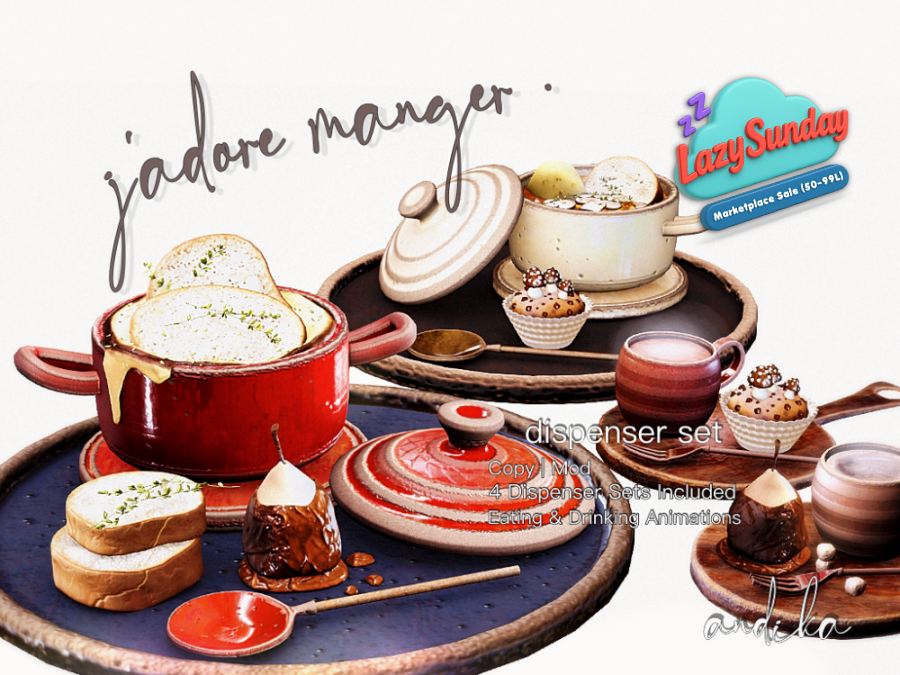 andika0000000's tweet photo. Rainy early summer days call for something cozy ♡ ☔☕

J'adore Manger Dispenser Set
L$75 for Lazy Sunday!

Enjoy 4 dispenser sets featuring soups, drinks, and sweets, all with eating &amp; drinking animations ♡

🛒 MP:
https://t.co/KqYqXnSJyJ

#andika #LazySunday #SecondLife https://t.co/CMtwOiK730