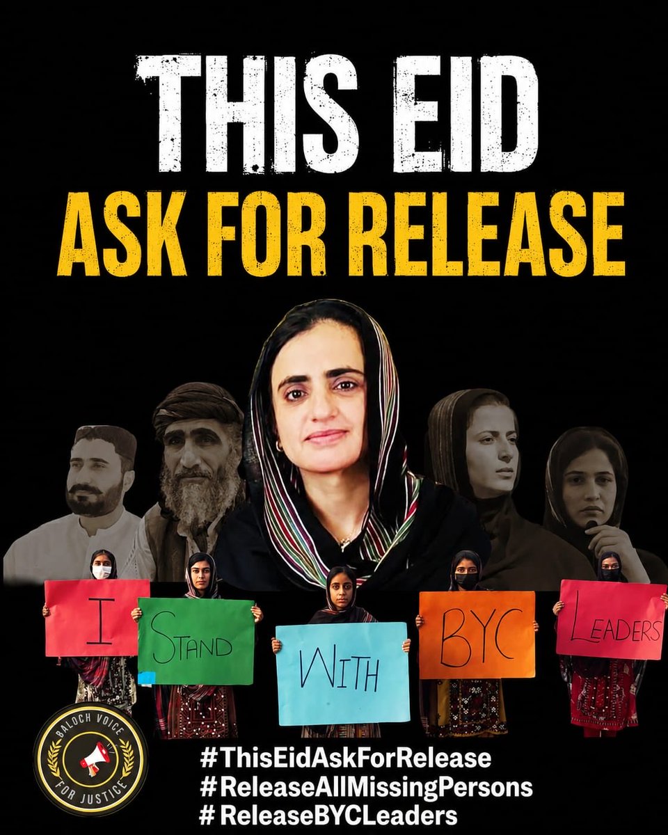BalochV4Justice's tweet photo. This Eid is another painful reminder of the crisis in Balochistan. Hundreds of families are spending these days protesting on roads instead of gathering around their loved ones. Mothers hold pictures of forcibly disappeared sons. Children wait for fathers who never returned home. Many families continue to suffer without answers.

Across Balochistan, enforced disappearances and political repression continue without accountability. BYC leaders have remained detained for nearly a year simply for demanding basic human rights and justice. Human rights lawyer Imaan Mazari and activist Hadi Ali Chattha were sentenced to 17 years in prison over a tweet, exposing the growing crackdown on freedom of expression and dissent in Pakistan.

Baloch Voice for Justice calls for the immediate release of all forcibly disappeared persons, political prisoners, and detained activists. Justice, dignity, and freedom cannot survive under fear and collective punishment. Until the forcibly disappeared return home and voices are no longer criminalized, there is no real Eid in Balochistan.

#ThisEidAskforRelease
#ReleaseAllMissingPersons 
#ReleaseBYCLeaders